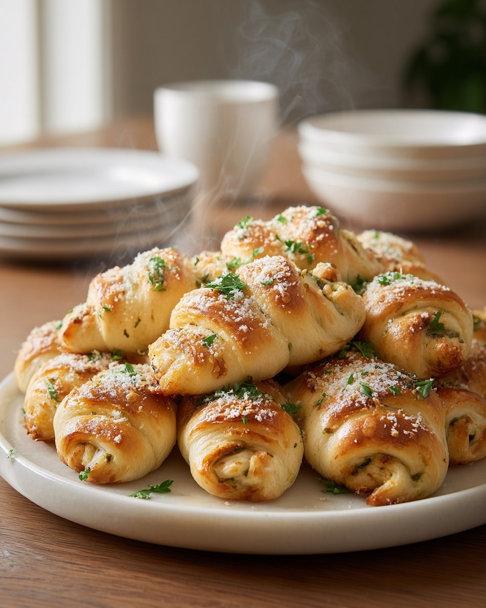 A plate full of small golden-brown crescent rolls stacked in a pyramid shape, each with a fluffy, slightly shiny texture and some visible herbs inside the dough; the rolls are sprinkled with coarse salt and fresh green parsley pieces, with steam rising gently from them, hinting that they are warm and freshly baked. The plate is white and sits on a white marbled surface, with a blurred background of white bowls and a light-filled window. photo taken with an iphone --ar 4:5 --v 7