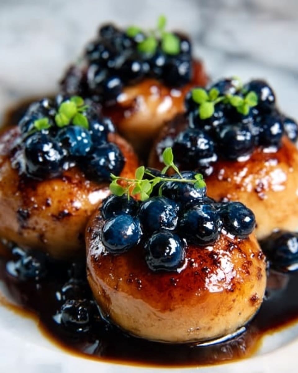 The image shows four round, golden-brown glazed pastries or dumplings arranged closely together on a white marbled surface. Each piece is topped generously with shiny, dark blue berries that look juicy and fresh. A glossy, dark syrup is drizzled over the pastries and pooled slightly around their base, adding a rich contrast to the light brown and caramel tones. Small green leaves garnish the dish, placed on and between the pastries, adding a touch of vibrant color. The textures show a mix of smooth glaze, soft dough, and plump berries. photo taken with an iphone --ar 4:5 --v 7