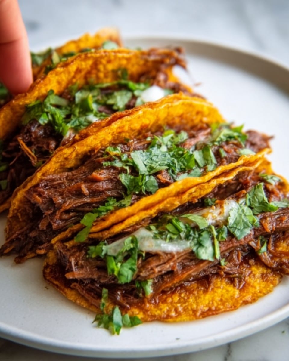 The image shows a stack of four tacos on a white plate, each taco filled with shredded, dark brown beef that looks juicy and tender. On top of the beef, there is a layer of bright orange melted cheese that partially covers the meat and spills over the edges of the soft corn tortillas, which are light yellow with a slightly toasted texture. The tacos are garnished with finely chopped green cilantro scattered over everything, adding a fresh contrast. The plate sits on a white marbled surface. Photo taken with an iphone --ar 4:5 --v 7