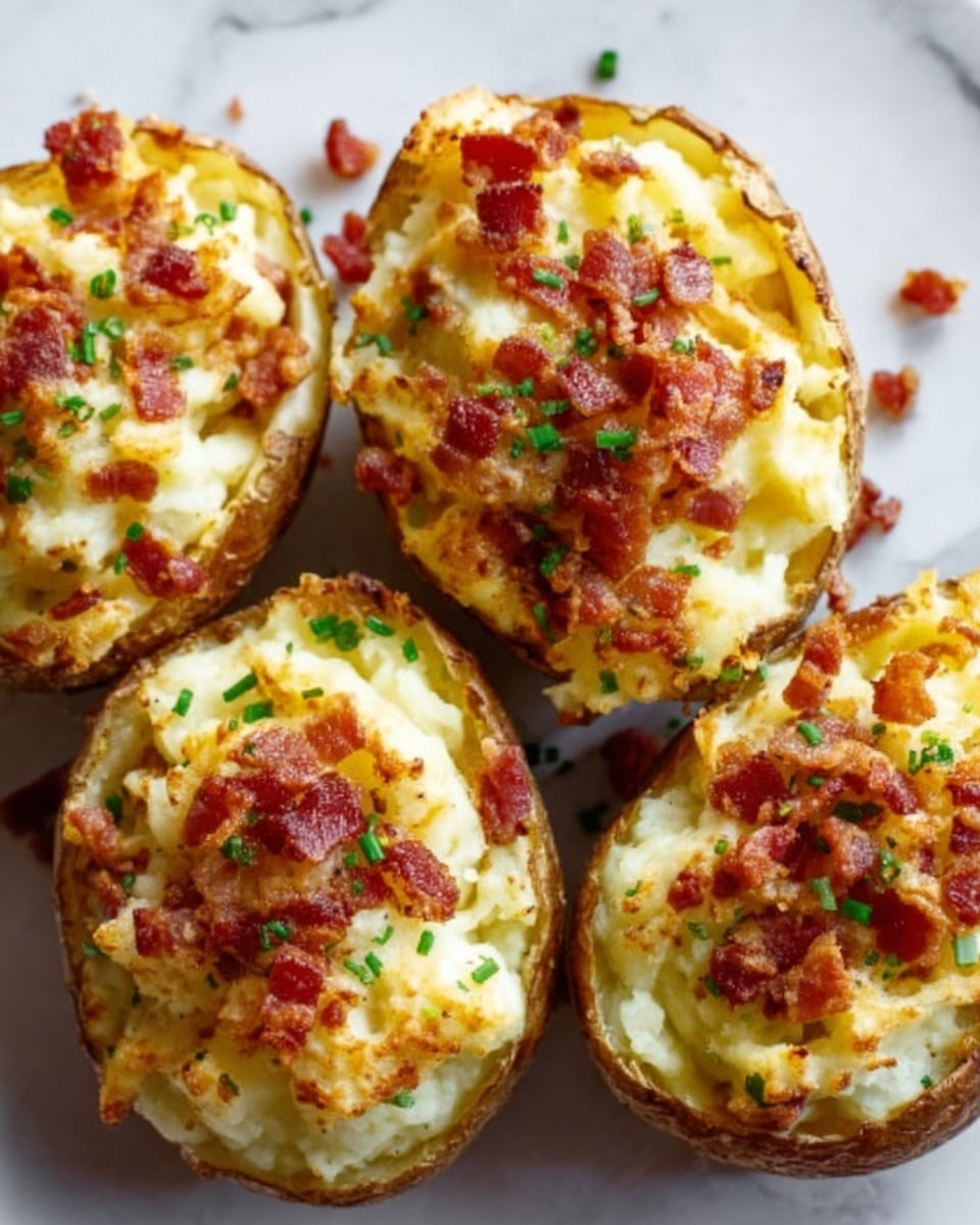 Four stuffed baked potatoes sit close together on a white marbled surface, each potato cut in half showing a fluffy creamy yellow inside mixed with melted cheese, small bright red bacon bits sprinkled on top, and a light green herb garnish. The potatoes’ skin is a rich brown and looks crispy, holding the soft, cheesy filling that has a slightly rough texture. The overall look is warm and inviting, with a mix of soft and crunchy layers that fill the potato halves fully. photo taken with an iphone --ar 4:5 --v 7