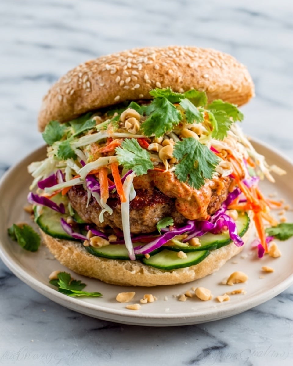 A sandwich with a toasted sesame seed bun on top, sitting above a grilled patty with a golden-brown texture, drizzled with light brown sauce and sprinkled with chopped peanuts and green herbs. Underneath the patty is a colorful layer of shredded white cabbage, purple cabbage, orange carrot strips, and fresh green cilantro leaves. Thin cucumber slices are arranged around the sandwich on a white plate, all placed on a white marbled surface. photo taken with an iphone --ar 4:5 --v 7