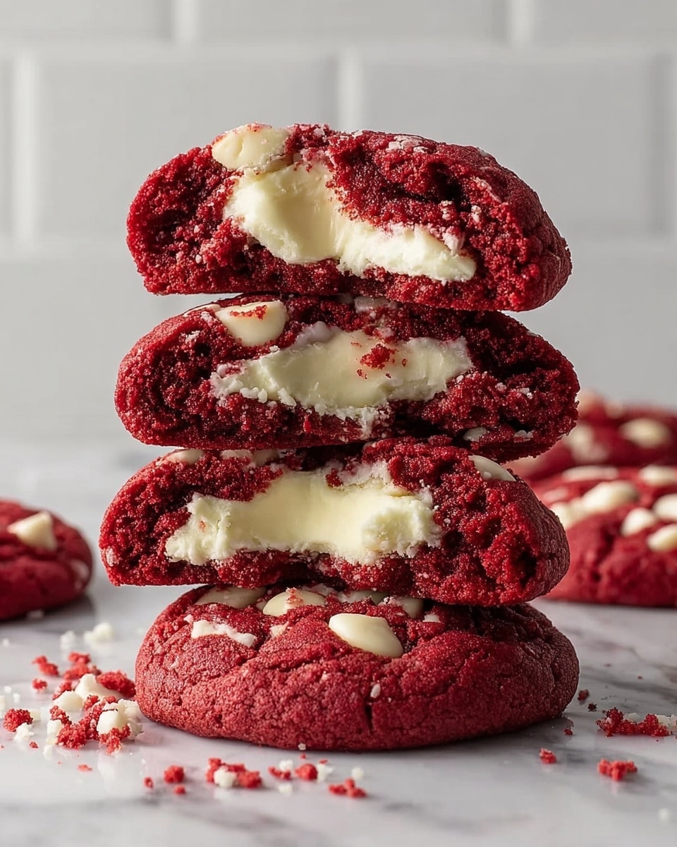 A stack of four red velvet cookies with white cream cheese filling is shown on a white marbled surface. The bottom cookie is whole, with visible white chocolate chunks embedded in the soft red dough. Above it, three cookie halves are stacked, each revealing thick, creamy white filling inside a crumbly, textured red outer layer. The surface has scattered crumbs of red cookie and white chocolate pieces. The background is a plain white tiled wall. Photo taken with an iphone --ar 4:5 --v 7