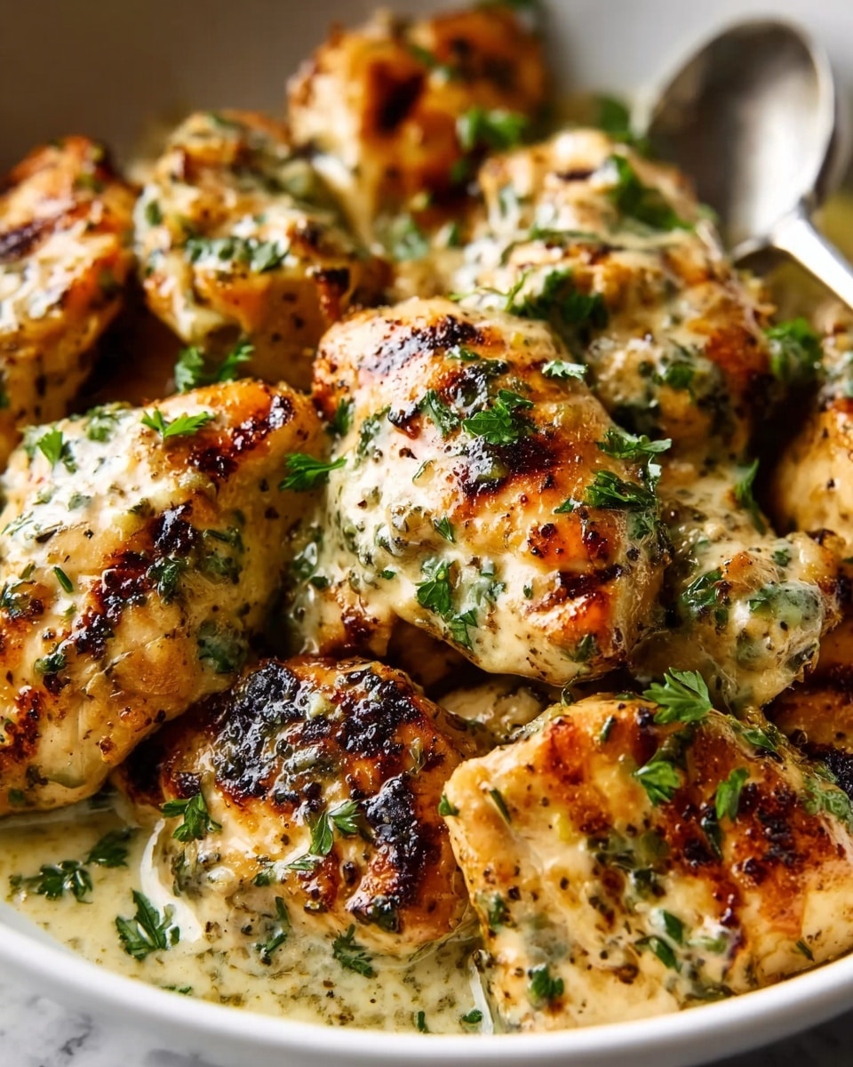 The image shows a close-up of many small, golden-brown grilled chicken pieces with visible grill marks, piled together in a white dish. The chicken is covered in a creamy, light yellow sauce with green herbs sprinkled all over. Fresh green parsley leaves are placed on top for decoration. There is a dark spoon partially visible on the right side of the dish. The background is a white marbled texture. photo taken with an iphone --ar 4:5 --v 7