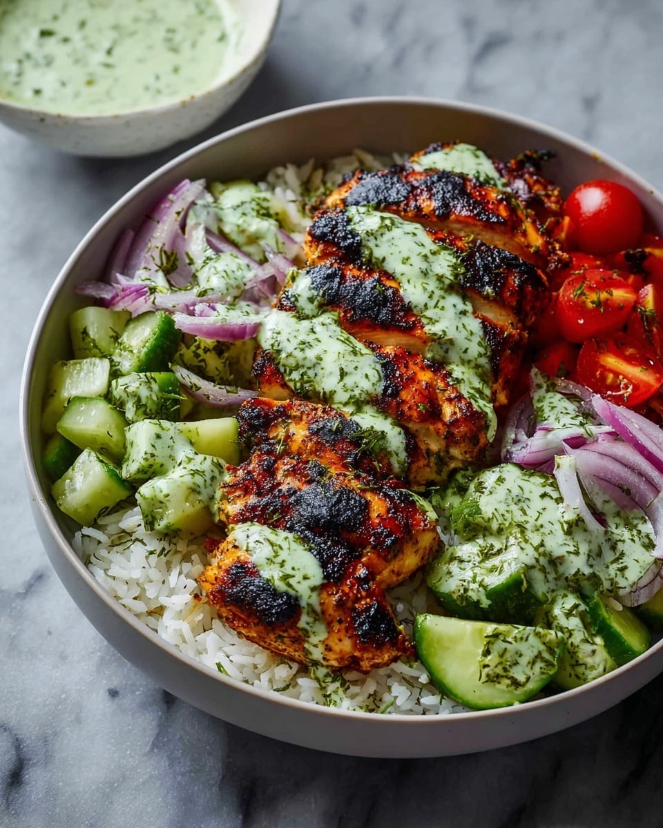 A bowl filled with a base layer of white rice topped with grilled chicken pieces that have a charred, golden-brown surface and are drizzled with a bright green sauce. Around the chicken, there are layers of creamy white sauce with green herbs, fresh diced cucumbers with a light green color, red cherry tomatoes, and thin rings of light purple onions. The bowl is white and sits on a white marbled surface, with a small white bowl of pale green sauce in the background. photo taken with an iphone --ar 4:5 --v 7