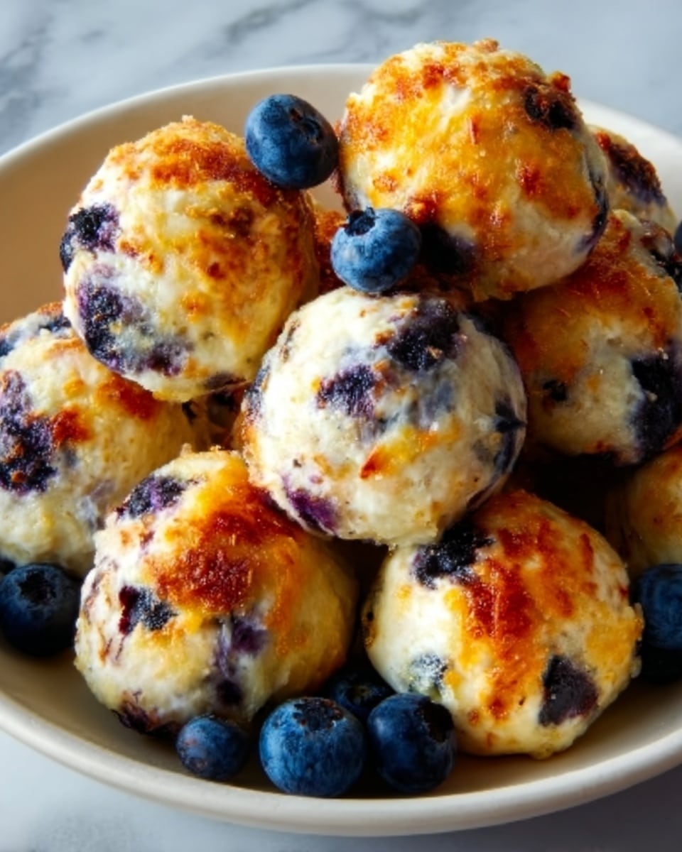 The image shows a white plate filled with golden brown, round, baked balls that have blueberries inside and on top. Each ball has a slightly crispy, browned outside with soft, light creamy dough visible where it is cracked. The blueberries give deep purple and blue spots contrasting with the light dough. Some whole blueberries are placed around the balls on the plate. The plate sits on a white marbled surface. Photo taken with an iphone --ar 4:5 --v 7