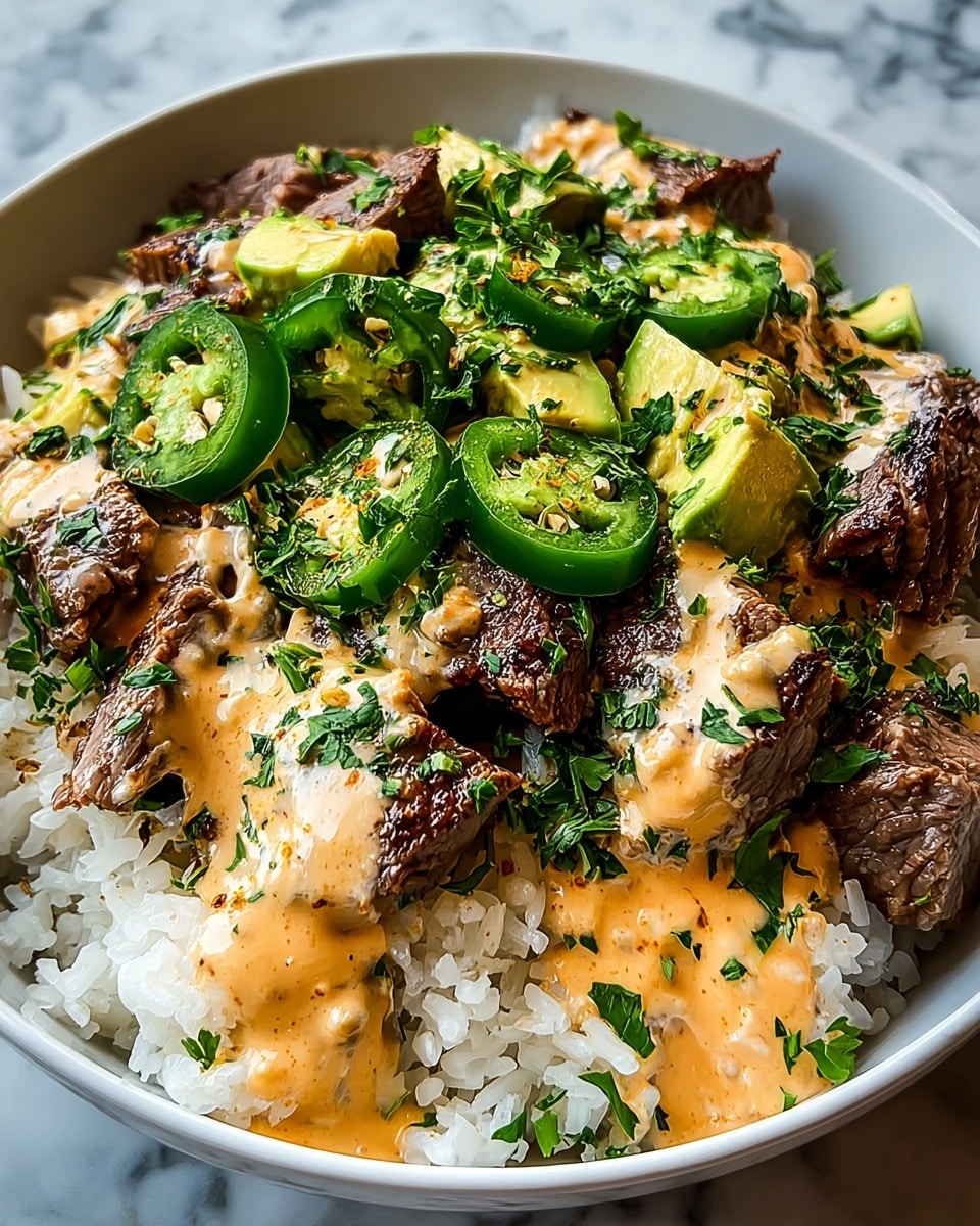 This dish is served in a white bowl filled with a base layer of soft white rice showing its separate, glossy grains. On top, there are chunks of grilled brown steak with a slightly charred texture. The steak pieces are spread evenly over the rice layer. A creamy orange sauce with smooth texture is drizzled over the steak and rice, creating a rich coating. Bright green slices of fresh jalapeño and small pieces of avocado are scattered across the top. Fresh chopped parsley is sprinkled all over, adding a fresh green accent to the dish. The bowl is placed on a white marbled surface. photo taken with an iphone --ar 4:5 --v 7