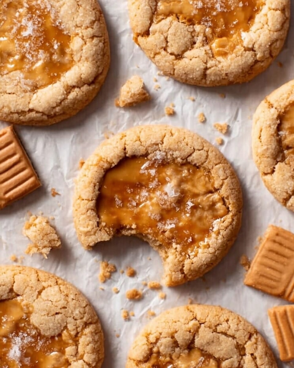 The image shows a group of round cookies placed on a white marbled surface covered with a sheet of parchment paper. Each cookie is a light tan color with a rough, cracked texture and has a shiny caramel-like topping spread unevenly across the top. One cookie near the center has a bite taken out of it, exposing a soft and chewy inside with crumbs scattered nearby. To the right, there are some rectangular cookies with a light brown color and textured surface, partially visible. The overall look is warm and inviting, with the cookie edges slightly crisp. Photo taken with an iphone --ar 4:5 --v 7