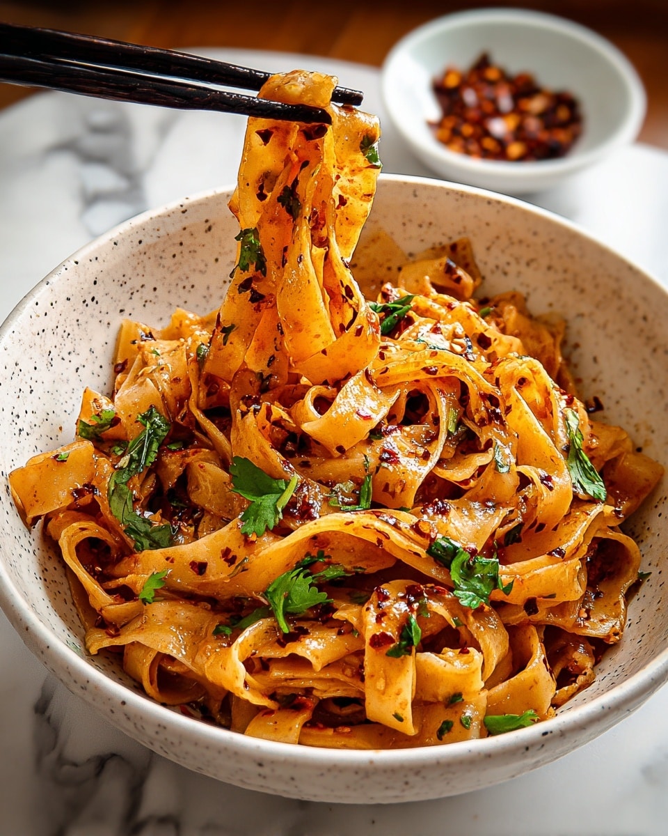 A white speckled bowl filled with wide, flat noodles coated in a shiny, spicy red sauce with visible chili flakes and small bits of seasoning. The noodles are mixed with fresh green cilantro leaves scattered throughout. A pair of black chopsticks lifts a tangled bundle of the noodles from the bowl, showing their glossy texture and rich color. The bowl sits on a white marbled surface with a small white bowl of chili flakes visible in the background. photo taken with an iphone --ar 4:5 --v 7