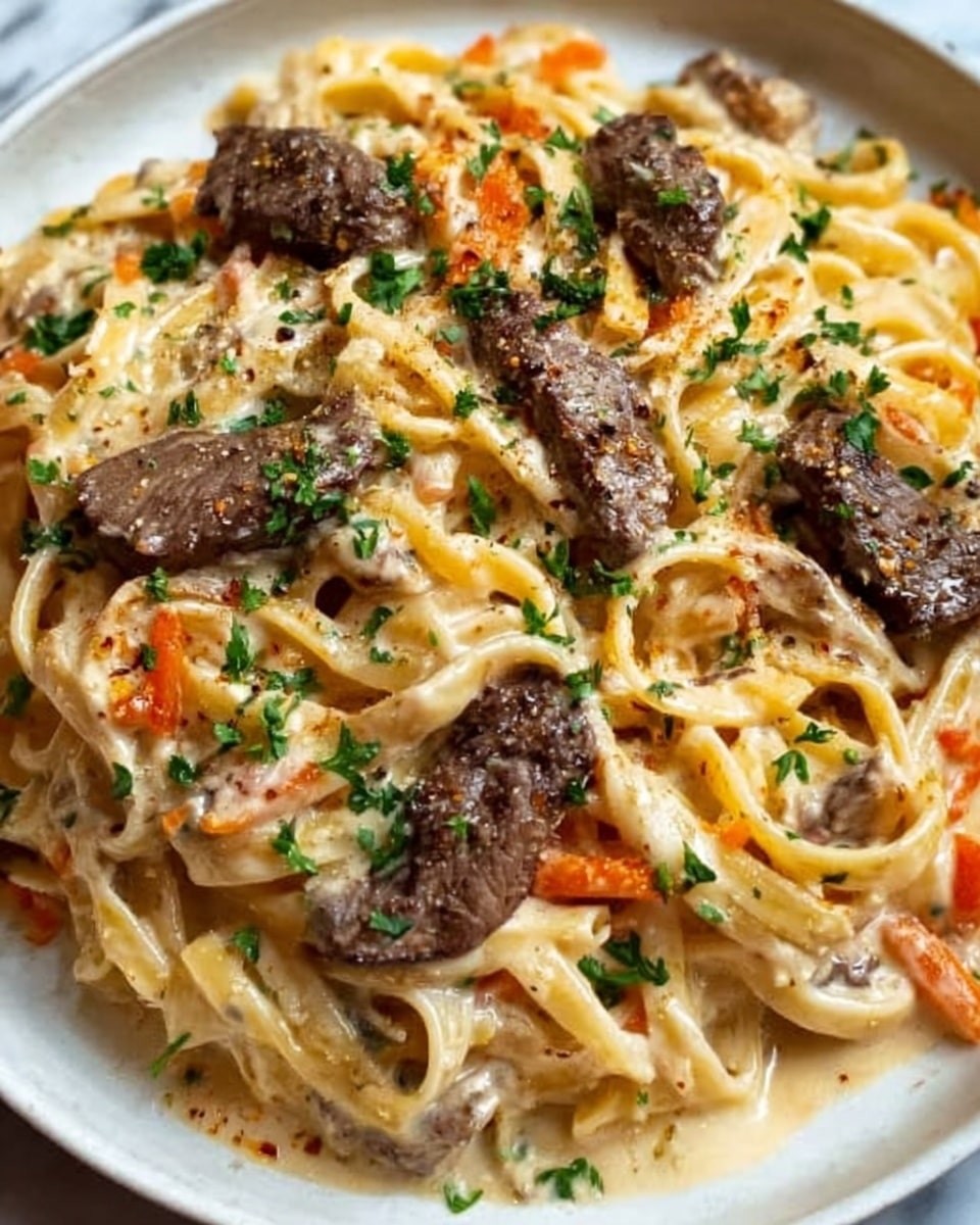 A close-up view of a white plate filled with creamy pasta. The pasta is thick and coated in a light beige sauce, with pieces of grilled steak layered on top, showing a dark brown, slightly charred texture. Thin slices of orange carrot and small bits of red pepper are scattered throughout the pasta, adding color contrast. Fresh green parsley is sprinkled across the top, giving a fresh look. The sauce looks smooth and coats the steak and pasta evenly. The background is a white marbled texture. photo taken with an iphone --ar 4:5 --v 7