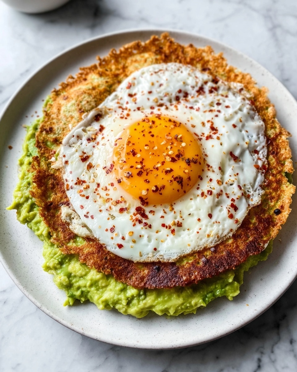 The image shows a white plate with a layer of green mashed avocado spread evenly on the bottom. On top of the avocado, there is one large fried egg with a bright yellow yolk in the center and slightly crispy, browned white edges. The egg is sprinkled with black pepper and red chili flakes, adding small specks of red and black over the yellow and white. The plate is set on a white marbled surface. Photo taken with an iphone --ar 4:5 --v 7