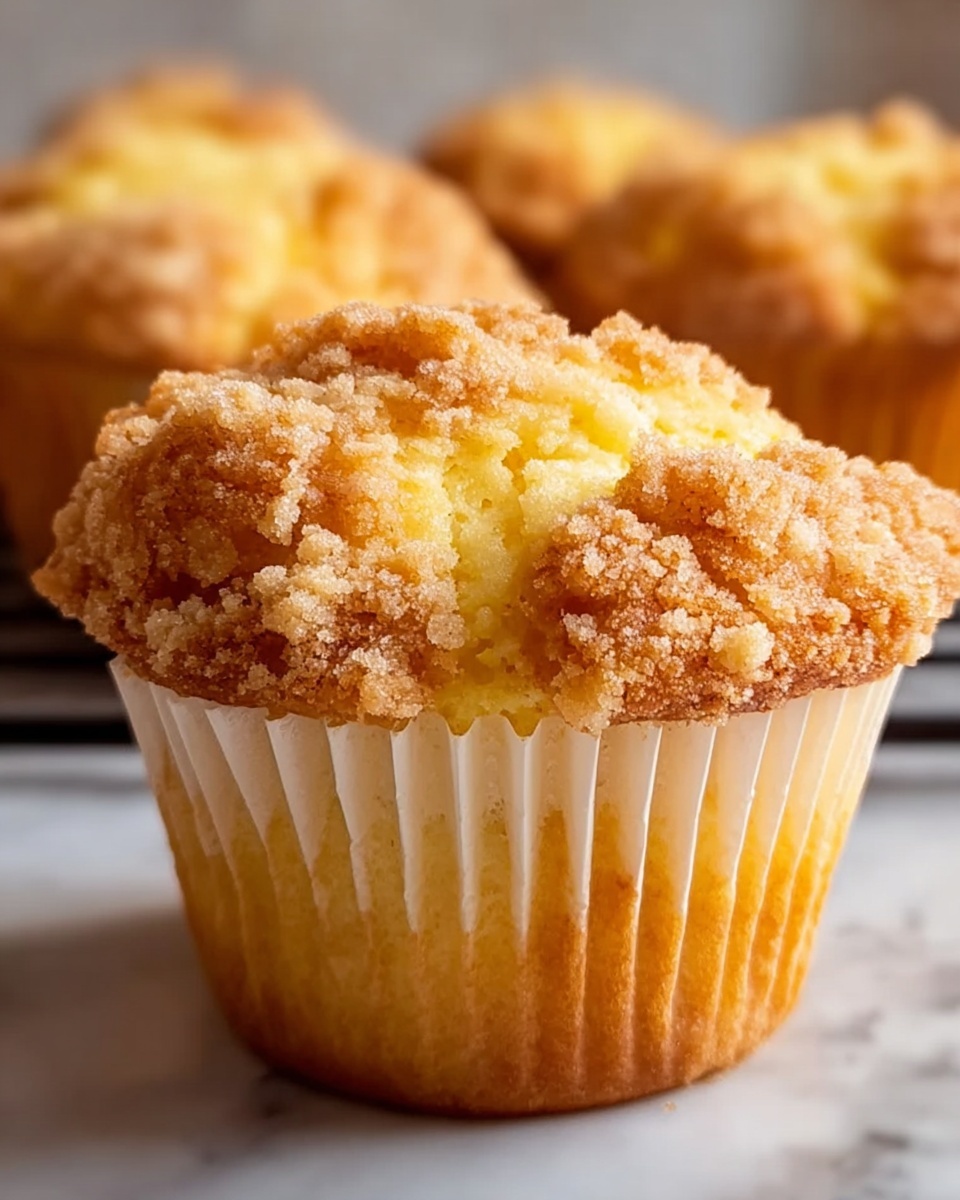 A close-up view of a single muffin with a golden brown, crumbly dry topping that looks crunchy. Beneath the topping is a bright yellow, moist section that peeks through cracks, showing a soft texture inside. The muffin's base is wrapped in a light tan ridged paper liner, with the muffin itself having a warm orange-brown color. The muffin sits on a metal cooling rack, and more muffins are blurred in the background on a white marbled surface. photo taken with an iphone --ar 4:5 --v 7