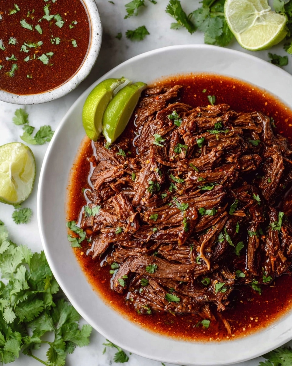 A bowl filled with shredded dark brown meat soaked in a rich reddish-brown sauce, garnished with small green herb leaves scattered on top, sits on a white marbled surface. A wedge of bright green lime is placed on the edge of the bowl, adding a fresh pop of color. Nearby, a small white bowl contains a thick deep reddish sauce sprinkled with herbs. Fresh green cilantro leaves are partially visible on the surface around the bowls, enhancing the fresh and vibrant feel. photo taken with an iphone --ar 4:5 --v 7