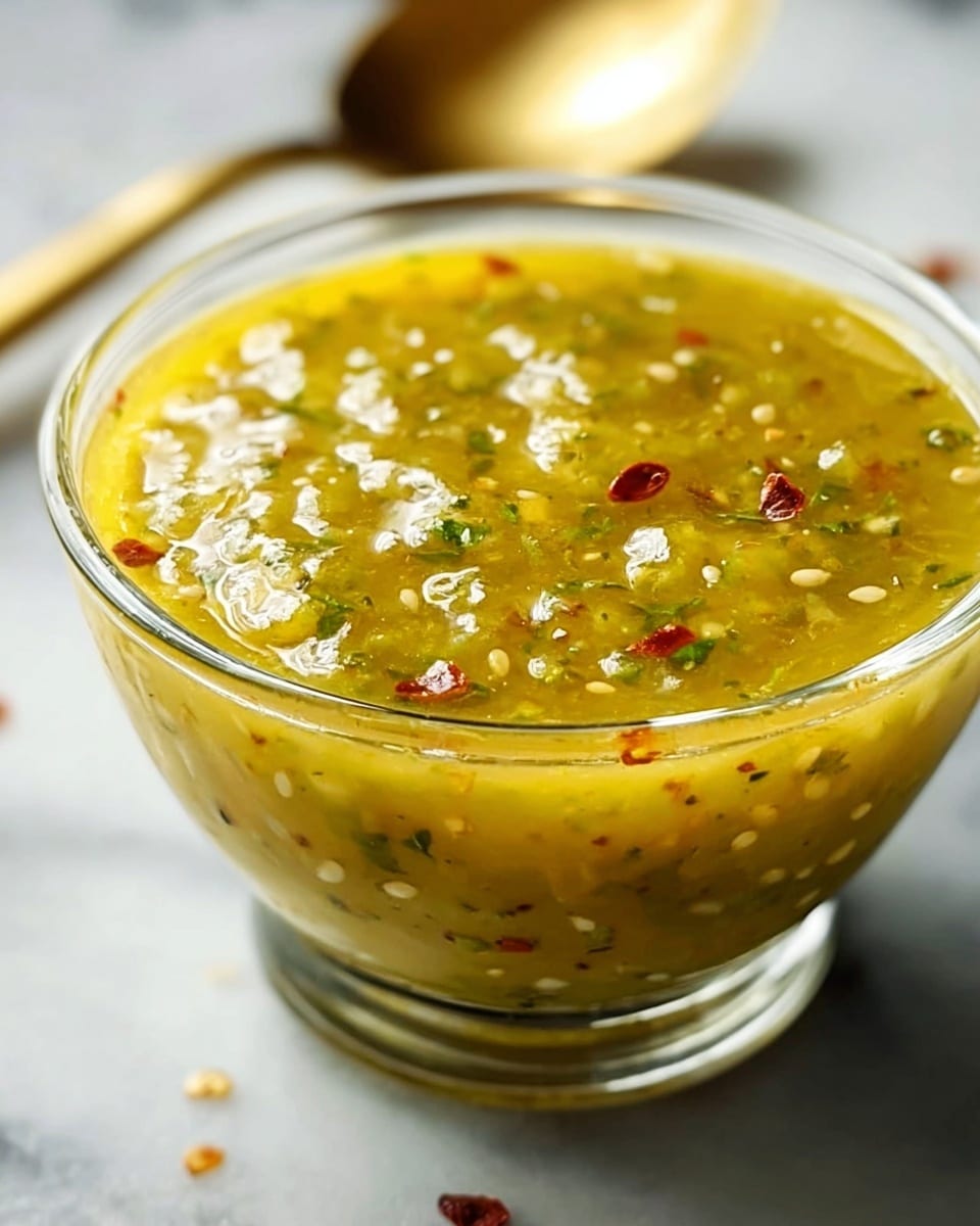 A clear glass bowl filled with a thick, yellow-green sauce that has a slightly chunky texture, showing small bits of herbs, seeds, and spices like red pepper flakes and green flecks suspended throughout. The bowl is placed on a white marbled surface, and in the soft, blurred background, there is a gold-colored spoon lying down. A green vegetable can also be faintly seen behind the bowl, adding a fresh touch. The sauce looks glossy and rich, filling the bowl almost to the rim, with light reflecting off its smooth surface. photo taken with an iphone --ar 4:5 --v 7