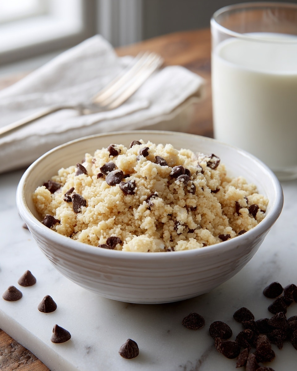 A white bowl filled with a fluffy, creamy beige dish that has a grainy texture, resembling cooked millet or couscous, with scattered dark brown chocolate chips on top and mixed inside. The dish is mounded high in the bowl, adding a cozy feel. Around the bowl, extra chocolate chips are scattered on a white marbled surface. In the soft background, there is a glass of milk and a fork placed on a beige cloth, all softly lit with natural light coming from a window. photo taken with an iphone --ar 4:5 --v 7