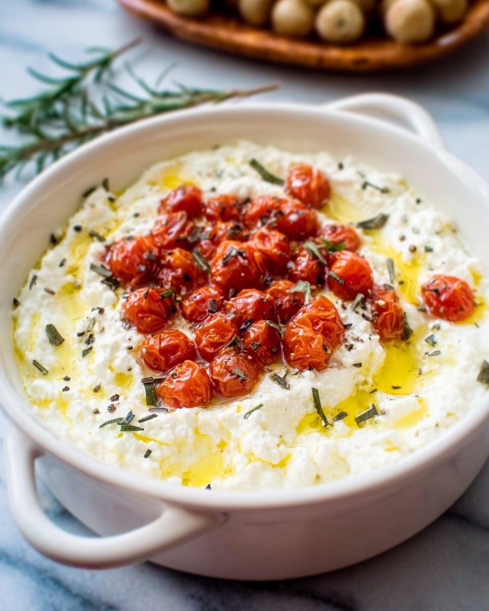 A white bowl filled with a creamy, smooth layer of white yogurt spread evenly to cover the bottom. On top, there is a thick layer of small, bright red cherry tomatoes that look roasted, slightly wrinkled and shiny with oil. Scattered green herb leaves and dark pepper flakes are placed around the tomatoes, with a drizzle of golden olive oil pooling gently over the yogurt and tomatoes. The bowl rests on a white marbled surface, and in the background, some blurred brown items add a natural, warm touch. Photo taken with an iphone --ar 4:5 --v 7