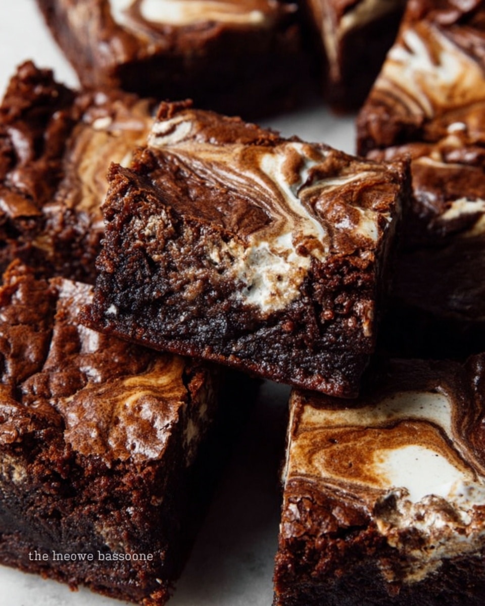 The image shows several square pieces of rich, dark chocolate brownie with a marbled top layer made of swirled light golden-brown and white cream. The brownies have a fudgy texture with visible gooey parts inside, and the marbled top gives a smooth, slightly cracked look. The brownies are arranged close to each other on a white marbled surface, showing a mix of dark brown and creamy colors on each square. Photo taken with an iphone --ar 4:5 --v 7