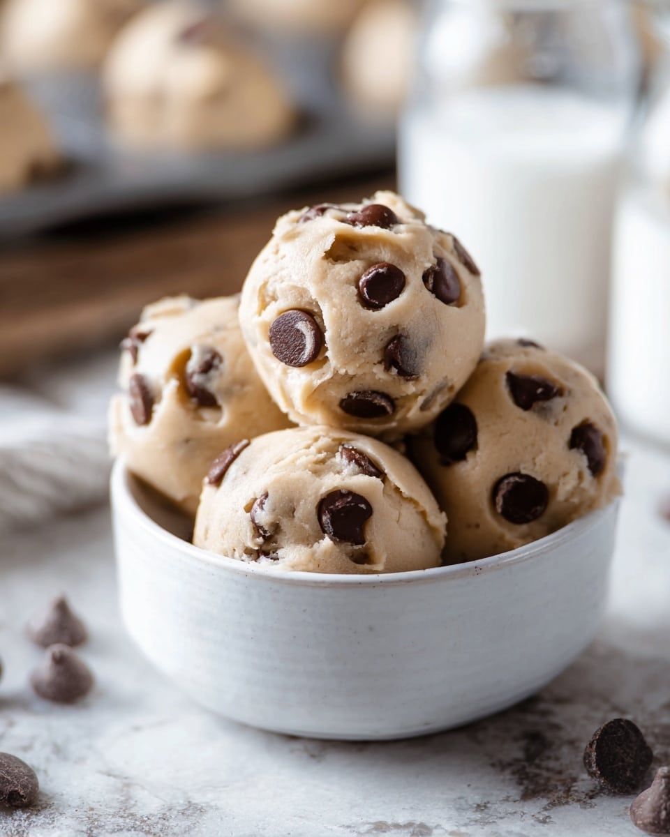 A white ceramic bowl is filled with four round scoops of light tan cookie dough, each scoop studded generously with dark brown chocolate chips that vary between flat discs and conical shapes, giving texture and depth. The dough looks soft, slightly bumpy, and moist with a smooth, creamy surface that contrasts with the shiny, firm chocolate chips embedded throughout. In the blurred background, there are white milk jars and more cookie dough balls, all set on a white marbled surface. The overall image gives a cozy, fresh-baked feeling. photo taken with an iphone --ar 4:5 --v 7