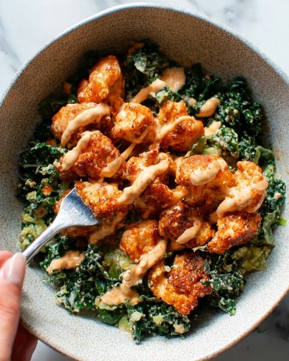 A close-up image of a bowl with two layers: the bottom layer consists of green kale with a light creamy sauce, giving it a slightly shiny and textured look, and the top layer is made of golden brown crispy cauliflower pieces coated in an orange sauce, drizzled with a light beige creamy sauce. The bowl is white with a rustic textured inside, sitting on a white marbled surface, with a woman's hand holding a fork inside the bowl. Photo taken with an iphone --ar 4:5 --v 7