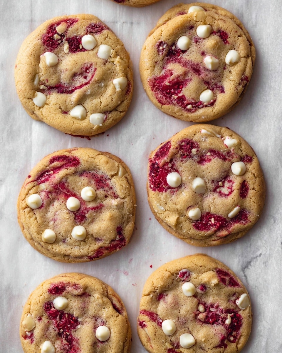 Six round cookies are spread out on a sheet of parchment paper over a white marbled surface. Each cookie has a golden-brown base with a slightly uneven texture and visible cracks, showing a soft and chewy inside. Swirled and dotted throughout the cookies are dark red raspberry patches mixed with white chocolate chips that pop against the golden dough. The raspberry parts have a slightly glossy, jammy look, while the white chocolate chips are round and smooth, some partially melted into the dough. Photo taken with an iphone --ar 4:5 --v 7