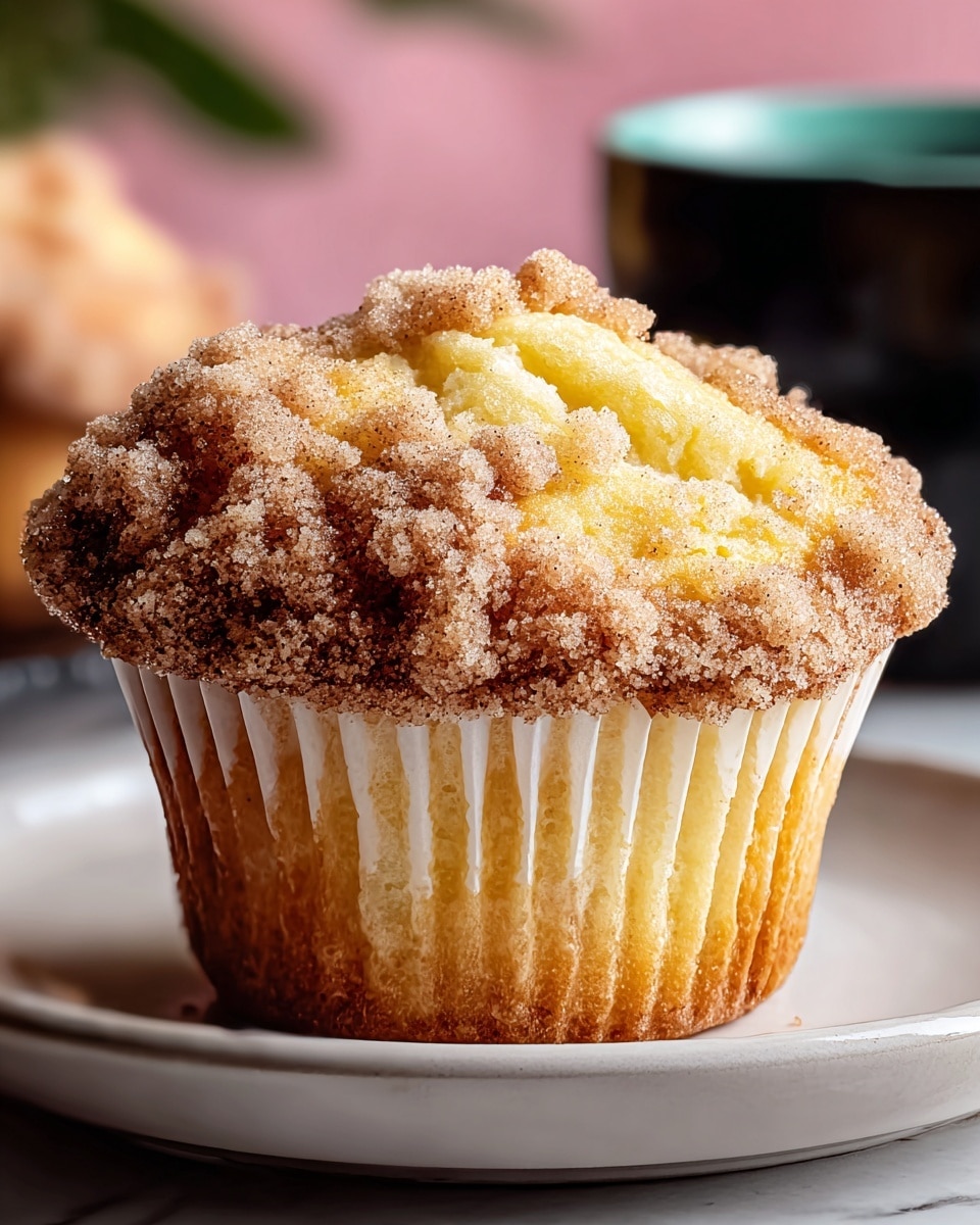 A close-up view of a single muffin with a crumbly, golden brown topping covered in sugar crystals. The muffin’s base is light beige and soft, wrapped in a white paper liner. The muffin sits on a white plate, with a blurry black cup filled with dark liquid in the background, all set on a white marbled surface. The texture of the crumb topping looks crunchy and uneven, while the inside of the muffin appears moist and fluffy. Photo taken with an iphone --ar 4:5 --v 7