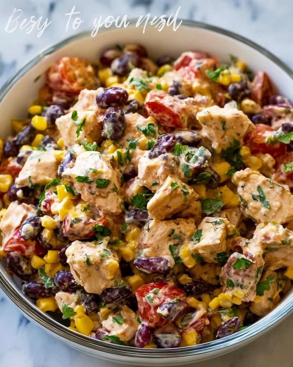The image shows a close-up of a colorful salad in a white bowl on a white marbled surface. The salad has multiple layers: large pieces of cooked chicken are scattered on top, mixed with whole black beans and kidney beans adding dark, shiny spots. Bright yellow corn kernels are spread throughout, along with chunks of red tomatoes and green cilantro leaves for fresh color. Everything is coated in a creamy, light orange sauce with visible spices, making the salad look rich and flavorful. The textures vary from soft chicken to crunchy corn and beans, creating a vibrant and appetizing mix. Photo taken with an iphone --ar 4:5 --v 7