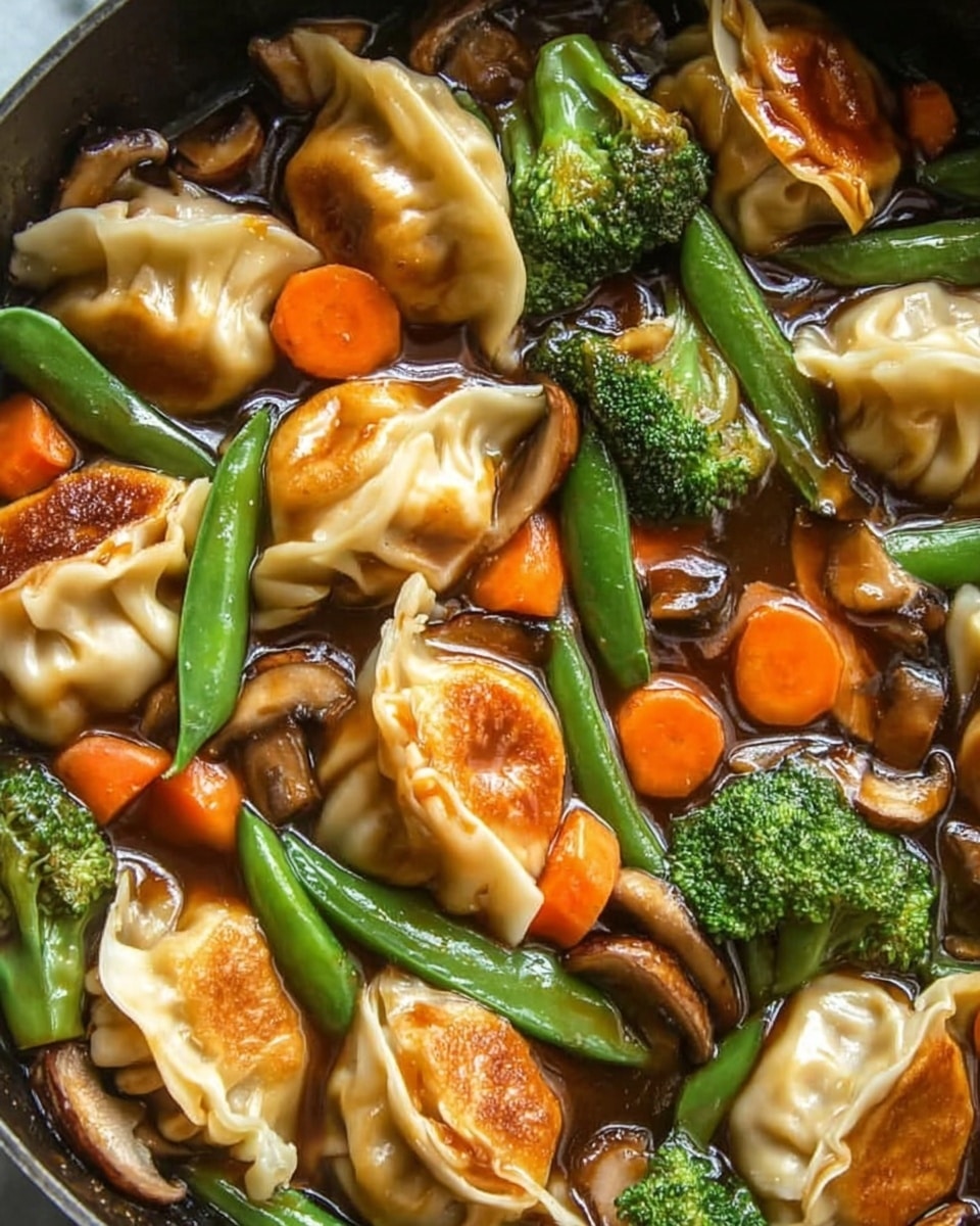 A close-up view of a black pan filled with golden-brown dumplings arranged in an uneven circle, surrounded by bright green broccoli florets, vibrant orange baby carrots, sliced dark brown mushrooms, and crisp green beans. The dish is coated with a glossy brown sauce that adds a shiny finish to the textured dumplings and vegetables. The background is a white marbled texture. photo taken with an iphone --ar 4:5 --v 7
