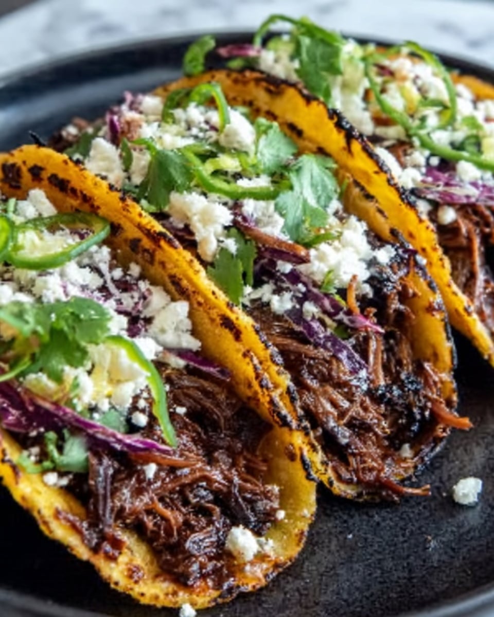 The image shows three tacos arranged close to each other on a white plate with a white marbled surface background. Each taco has a yellow corn shell filled with several layers, starting with dark, glossy shredded meat at the bottom, covered by finely shredded orange carrots and thin slices of purple cabbage. On top, there are small pieces of white cheese and chopped fresh green cilantro leaves scattered. The texture looks juicy and fresh with a mix of soft and crunchy ingredients. Photo taken with an iphone --ar 4:5 --v 7