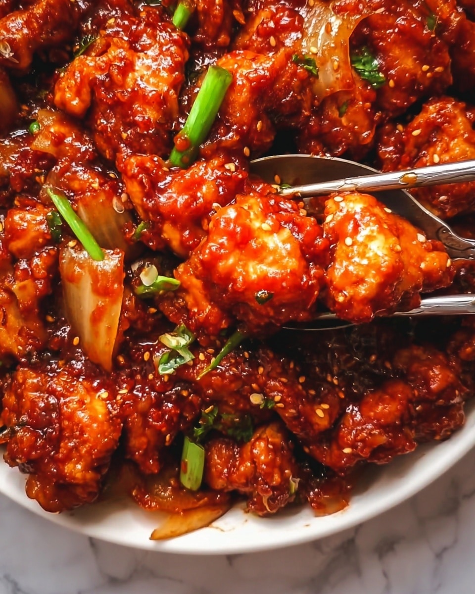 This image shows a close-up of a spicy chicken dish in sauce. The dish has pieces of tender chicken covered in a shiny red-orange sauce, mixed with white onion slices and small green onion pieces sprinkled on top. The texture of the chicken looks soft and juicy, coated evenly with the sticky sauce that has small sesame seeds scattered over it. The background is a white marbled texture and a pair of chopsticks is holding some of the chicken and onions on the right side of the image. photo taken with an iphone --ar 4:5 --v 7