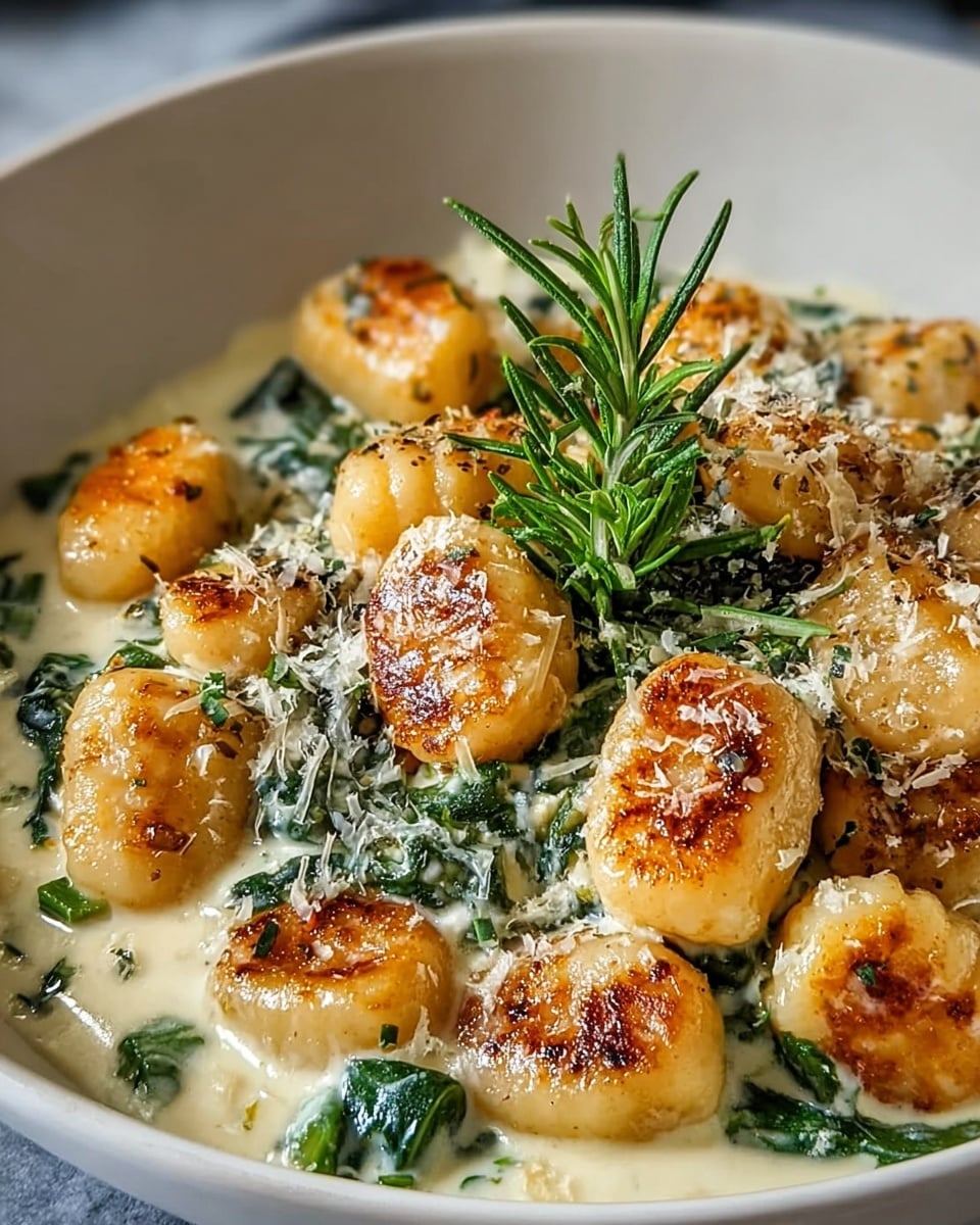 The dish shows golden-brown gnocchi pieces, each with a crispy, seared surface, sitting on a creamy white sauce mixed with green leafy herbs. The gnocchi are round and plump, arranged closely in a white bowl. On top, there is a light sprinkle of grated cheese and a fresh sprig of rosemary placed in the center, adding a touch of green and texture. The creamy sauce under the gnocchi is smooth with bits of herbs visible, blending nicely with the browned edges of the gnocchi. The background shows a soft white marbled texture. photo taken with an iphone --ar 4:5 --v 7
