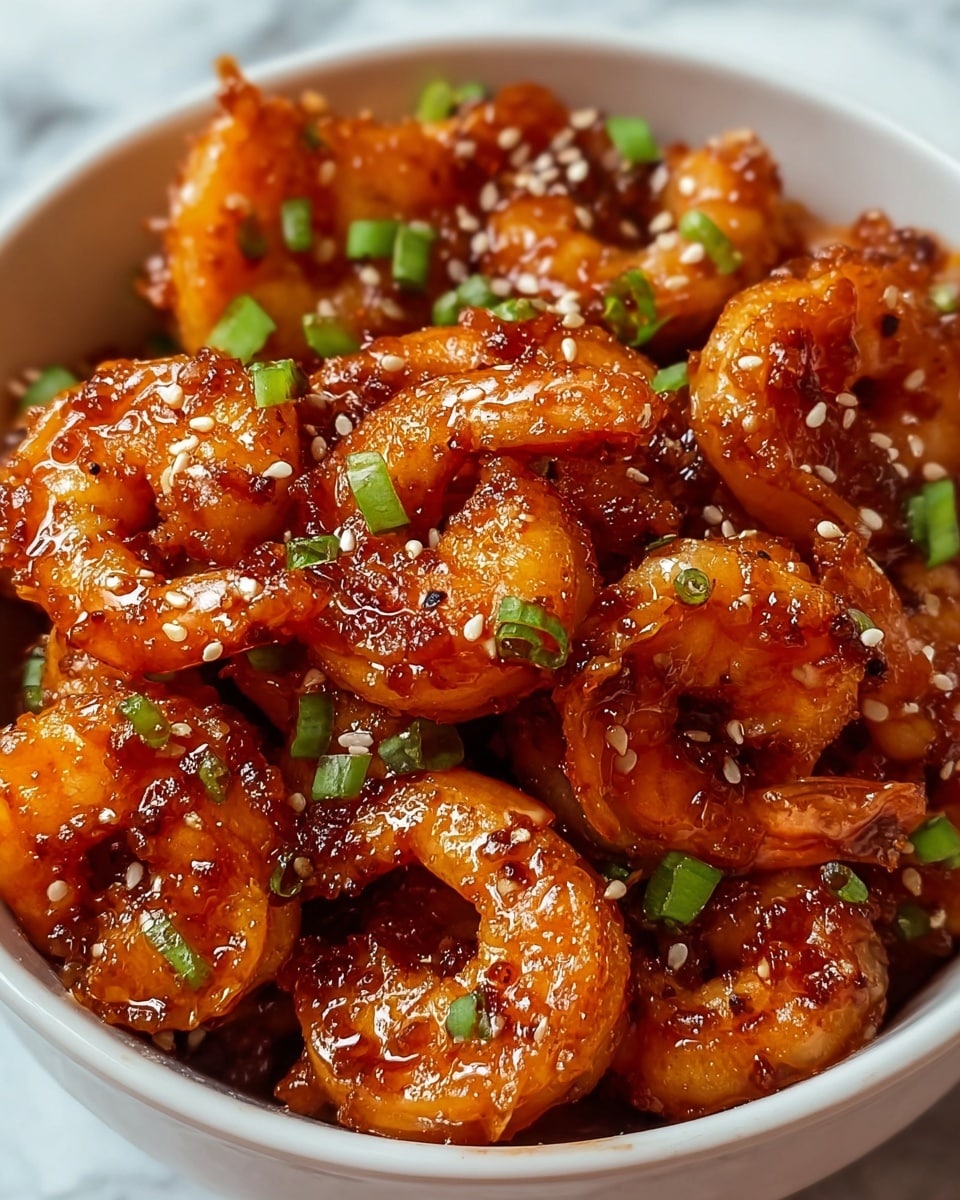 The image shows a close-up of a bowl filled with cooked shrimp covered in a shiny, sticky reddish-brown sauce. The shrimp are curled and have a slight char, giving them a textured look with some crispy edges. Scattered on top are small white sesame seeds and bits of chopped green onions, adding pops of white and green color. The shrimp and toppings fill the white bowl, creating a rich, appetizing presentation against a white marbled texture background. Photo taken with an iphone --ar 4:5 --v 7