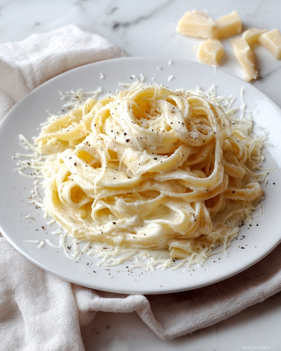 A white plate filled with creamy fettuccine pasta covered in a smooth, white sauce. The pasta is twirled in the center to create a soft mound, topped with freshly ground black pepper speckled across the surface. Around the edges of the plate, fine white cheese shavings are scattered lightly. The plate sits on a soft beige cloth over a white marbled surface, with some small pieces of shaved cheese placed beside it. photo taken with an iphone --ar 4:5 --v 7