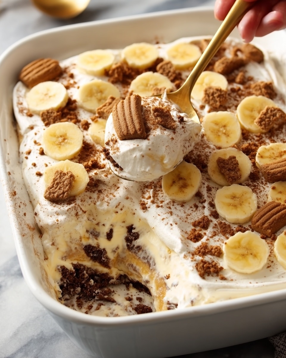 A white rectangular dish filled with a creamy layered dessert; the top layer is light cream decorated with round banana slices and broken pieces of chocolate cookies scattered evenly. The dessert appears soft with the spoon scooping into a thick, smooth cream layer beneath the topping. The spoon held by a woman's hand has a gold color, adding a touch of elegance. The dish sits on a white marbled surface, enhancing the bright and fresh look of the dessert. Photo taken with an iphone --ar 4:5 --v 7