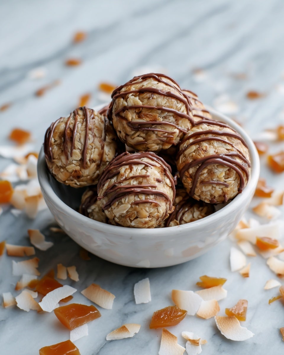 A white bowl filled with about seven round energy balls stacked in a small pile, each ball showing a rough texture with visible oats and small white pieces, drizzled with smooth, light brown chocolate in thin lines across the top. The bowl rests on a white marbled surface with scattered pieces of white and light brown coconut flakes around it, adding a natural touch to the scene. photo taken with an iphone --ar 4:5 --v 7