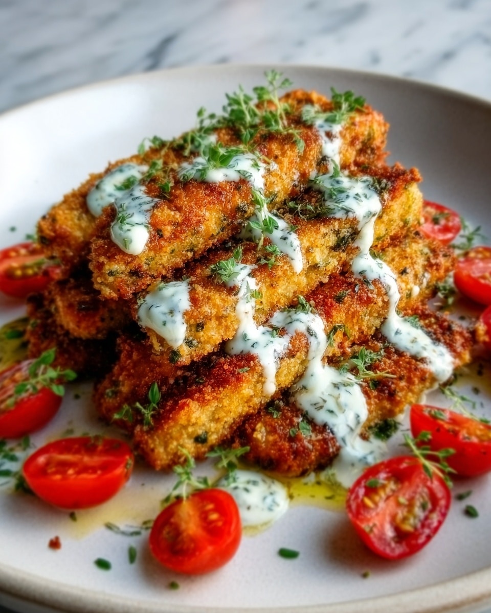 The image shows a white plate with five golden-brown crispy sticks stacked slightly on top of each other. Each stick is textured with a crunchy coating and topped with small dollops of white creamy sauce speckled with green herbs. Around the sticks, there are several bright red tomato halves adding a pop of color. The plate rests on a white marbled surface. photo taken with an iphone --ar 4:5 --v 7