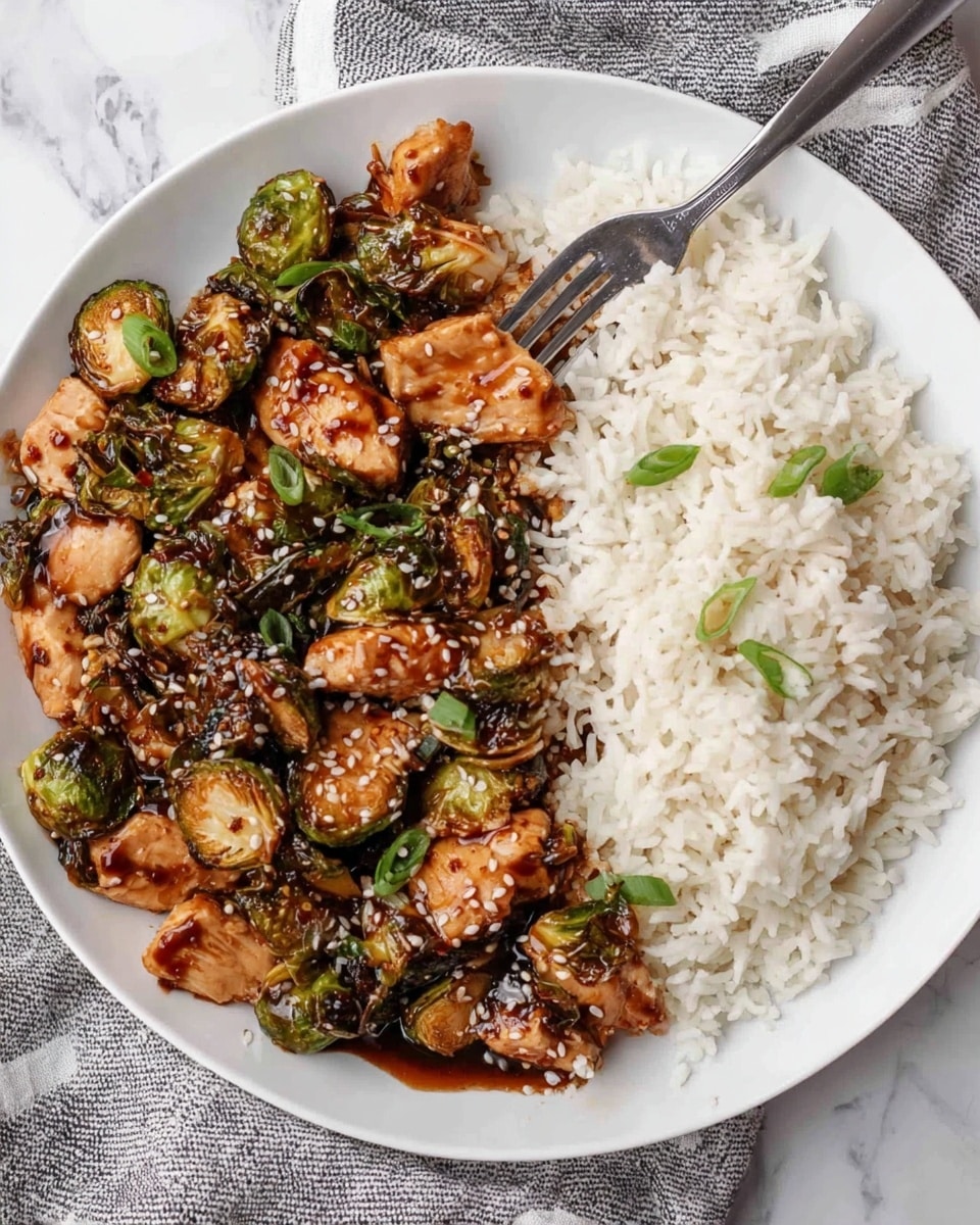 The image shows a white plate filled with two main parts: on the right side, there is a large portion of plain, fluffy white rice with fine texture, and on the left side, there are several pieces of cooked chicken that are golden brown with some char marks, mixed with roasted Brussels sprouts that have a dark green, crispy, and slightly burnt appearance. The chicken and Brussels sprouts are coated with a shiny dark sauce and sprinkled with white sesame seeds and small green onion pieces. A fork is placed on the right edge of the plate, partly in the rice. The plate sits on a white marbled surface. photo taken with an iphone --ar 4:5 --v 7