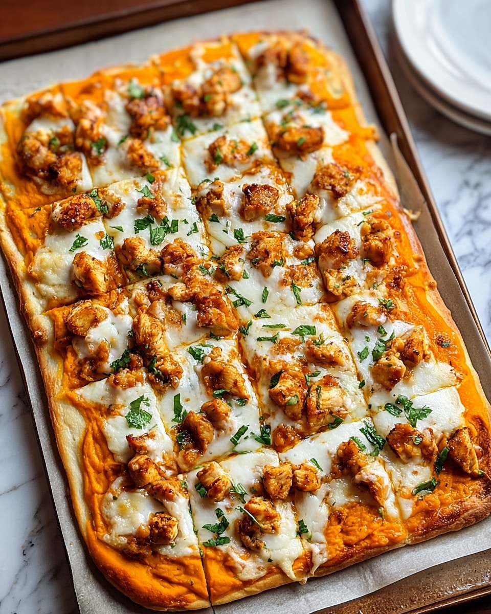 A rectangular pizza on white baking paper over a black tray, with a golden-brown thick crust. The first layer is a smooth orange sauce spread evenly on the dough. The second layer consists of chunky, golden-brown pieces of chicken spread across the pizza. The third layer is melted white cheese, generously covering the chicken and sauce, with slightly browned spots. The pizza is topped with scattered bright green fresh herbs. The background shows a white marbled surface with a white plate and some blurred objects. Photo taken with an iphone --ar 4:5 --v 7