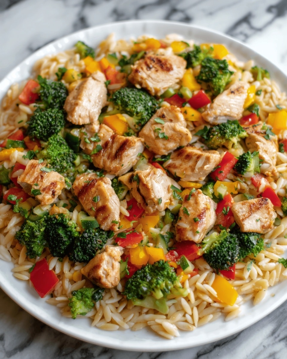 A white plate with three layers of food sits on a white marbled texture. The bottom layer is a bed of orzo pasta, shiny and golden. On top, there are chopped broccoli pieces, bright green and fresh. The third layer is chunks of cooked chicken breast, light brown with grill marks, scattered evenly. Around the chicken and broccoli, pieces of red and yellow bell pepper add bright color. The whole dish looks juicy and fresh, with tiny bits of herbs sprinkled lightly for extra color and texture. Photo taken with an iphone --ar 4:5 --v 7