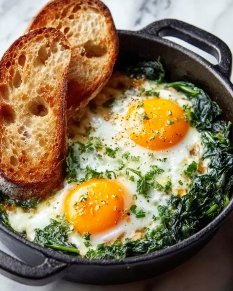 The dish is served in a black skillet with two cooked sunny-side-up eggs on top, their bright yellow yolks sitting on a slightly crispy white edge. Underneath the eggs, there is a mix of creamy white sauce and chunks of green spinach evenly spread across the skillet. Around the eggs and sauce, there are pieces of toasted bread with a golden-brown crust resting on the edge of the skillet. The skillet is placed on a white marbled surface. A woman's hand is holding the skillet's handle. photo taken with an iphone --ar 4:5 --v 7