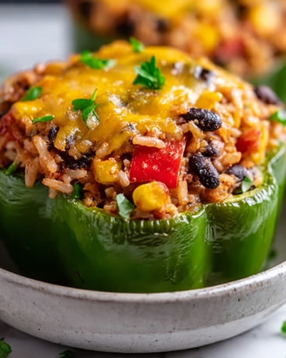 A close-up of a stuffed bell pepper dish served in a white bowl. The pepper is green and cut open, filled with a mix of cooked rice, black beans, corn, and small chopped tomatoes. The rice mixture has a reddish color from seasoning. On top of the filling, there is melted yellow cheese sprinkled with small green parsley leaves. The background shows a white marbled surface, softly blurred. The lighting highlights the textures and colors of the food, making it look fresh and tasty. photo taken with an iphone --ar 4:5 --v 7