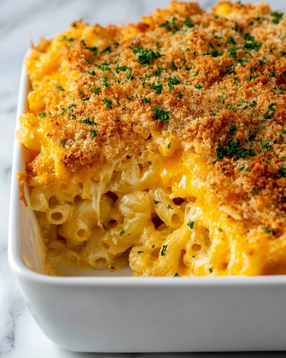 A close-up photo shows a baked dish in a white rectangular pan filled with creamy layers of shredded chicken and pasta. The top layer is bright golden yellow melted cheese mixed with small brown crunchy breadcrumbs and bits of fresh green herbs sprinkled evenly across the surface. You can see the soft textured noodles and chicken peeking through the side of the pan. The background is a white marbled surface. photo taken with an iphone --ar 4:5 --v 7