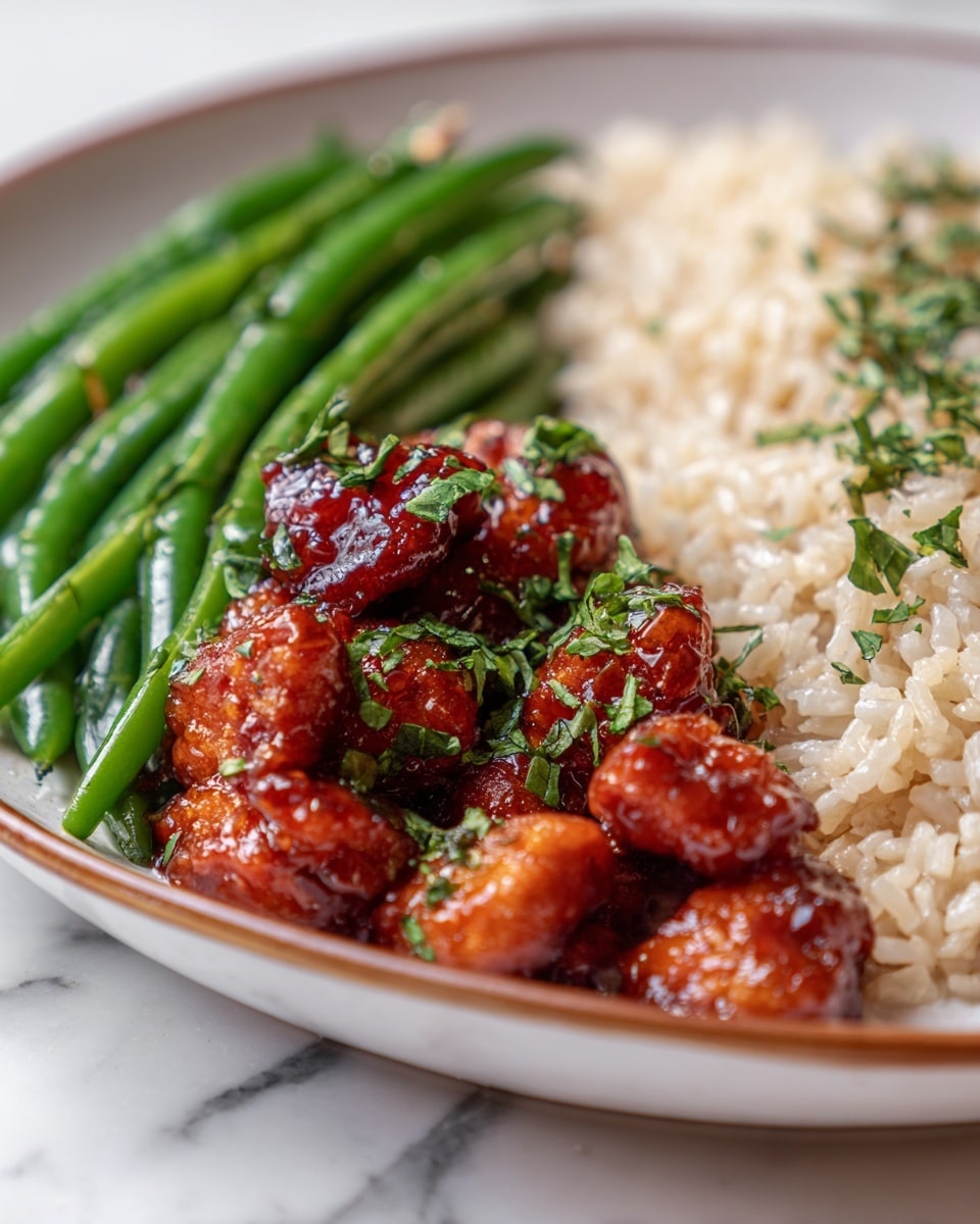 A white plate with a meal showing three main parts: on the left, a neat pile of bright green cooked green beans with a slight shine; in the middle and slightly right, many small, glossy chunks of cooked chicken coated in a dark brown sauce, garnished with chopped green herbs; and on the far right, a layer of light beige cooked rice that looks soft and fluffy. The plate sits on a white marbled surface. photo taken with an iphone --ar 4:5 --v 7