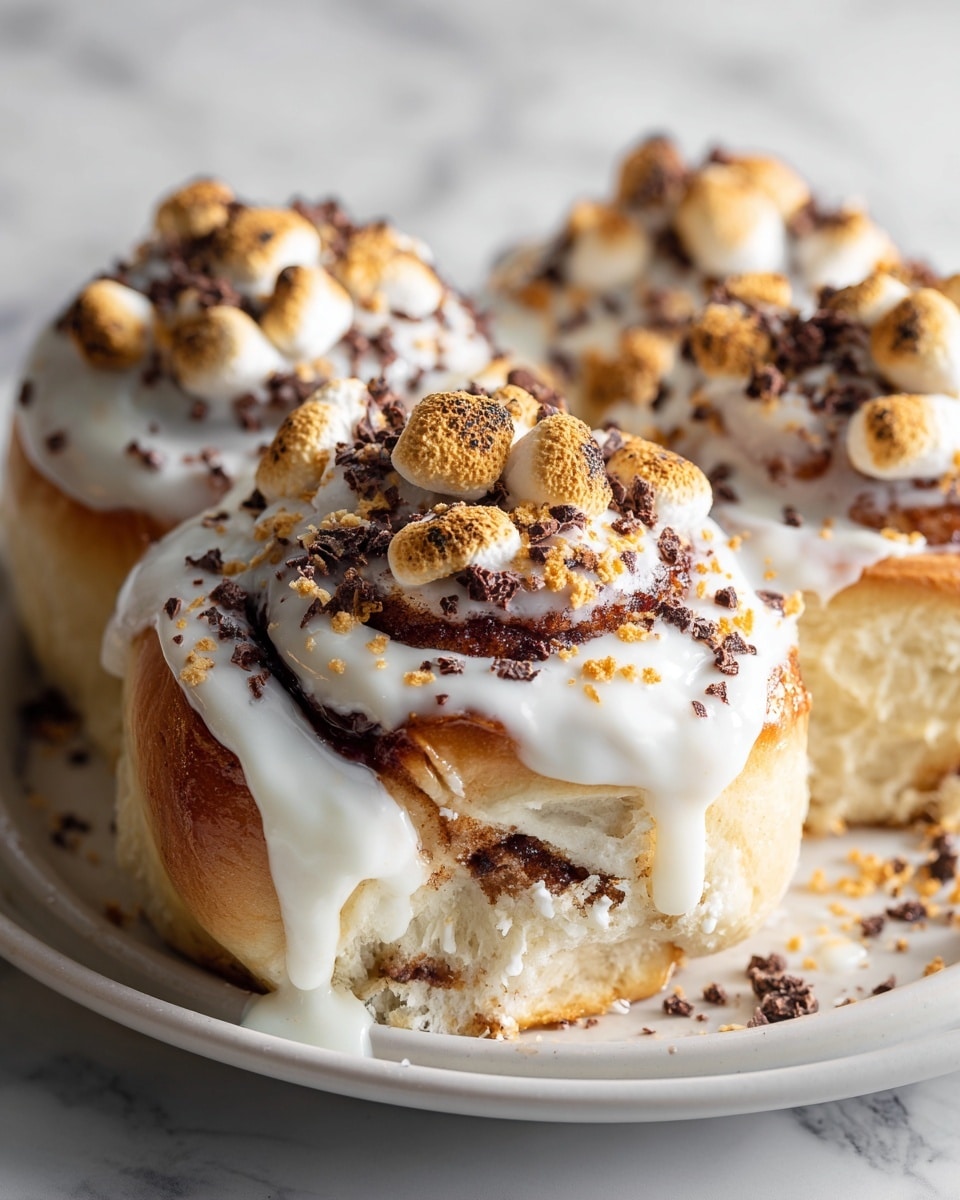 The image shows a close-up of soft cinnamon rolls on a white plate, each roll covered with thick, creamy white icing that slightly drips over the sides. The top layer is sprinkled with small, toasted brown marshmallows and bits of dark chocolate, which add a rough texture and contrast to the smooth icing. The rolls are golden brown underneath, with visible swirls of cinnamon inside the soft dough. The background is a white marbled texture. Photo taken with an iphone --ar 4:5 --v 7