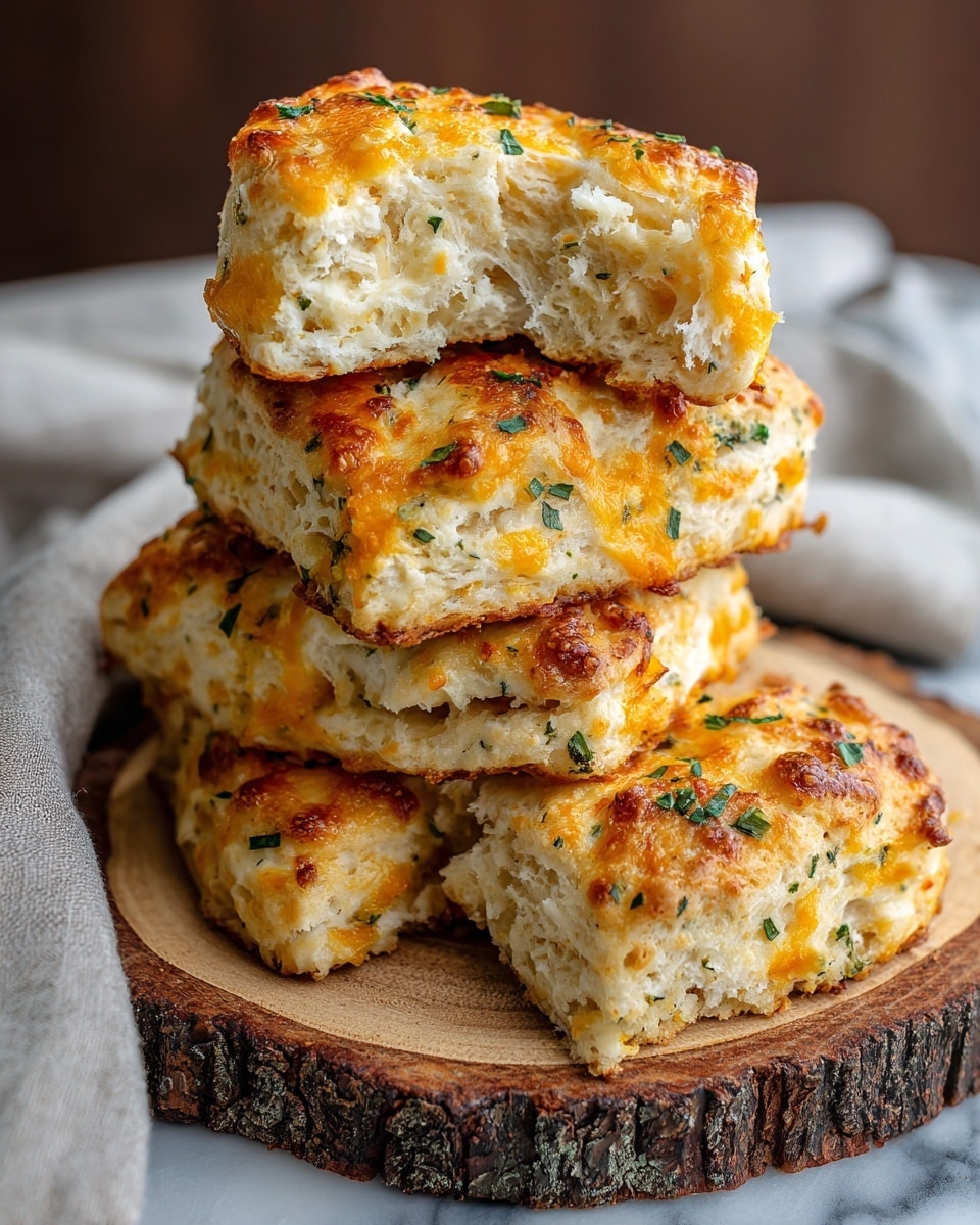 The image shows five thick triangular pieces of cheesy biscuit stacked on a wooden slice serving board with bark around the edge. Each biscuit piece is light golden-brown on the outside, with a soft and crumbly white inside that has orange spots of melted cheese and small green bits of chopped herbs scattered throughout. The top biscuit has a bite taken out, revealing the soft, fluffy texture inside with visible cheese strands. The scene is set on a dark wood table with a white marbled texture beneath and a light gray cloth partially visible to the bottom left. Photo taken with an iphone --ar 4:5 --v 7