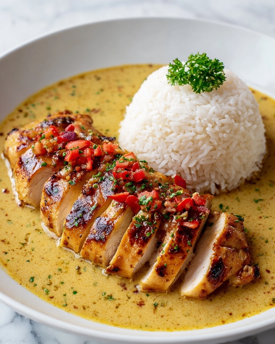 The dish shows a white plate with a yellow curry sauce covering the bottom. On top of the sauce lies a sliced grilled chicken breast, golden brown with slight char marks, topped with finely chopped red chili pieces and a sprinkle of green herbs. To one side of the chicken, there is a neat dome-shaped mound of white rice garnished with a small parsley sprig. The curry sauce looks creamy and slightly thick, filling the plate around the chicken and rice. The background surface is a white marbled texture. Photo taken with an iphone --ar 4:5 --v 7