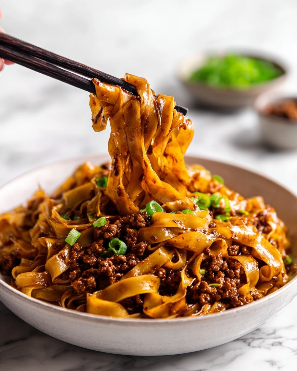 The image shows a close-up of thick, flat noodles coated in a glossy sauce, lifted by black chopsticks held by a woman's hand. The noodles have a golden-brown color with a slightly sticky texture. Mixed throughout the noodles are small bits of cooked ground meat with a crumbly, browned appearance, and scattered bright green chopped scallions add a fresh contrast. The noodles rest in a white bowl with a few dark ridges inside, all set against a blurred white marbled background. Photo taken with an iphone --ar 4:5 --v 7