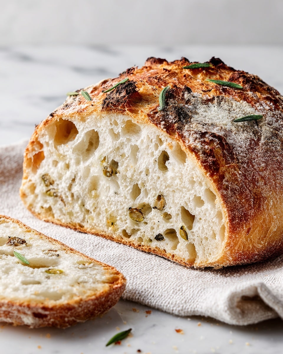 The image shows a close-up of a half loaf of rustic bread with a golden, crispy crust dusted lightly with flour and topped with small green herb sprigs. The inside is airy and soft with many irregular holes and scattered small pieces of green olives and herbs embedded within the creamy white crumb. The loaf rests on a textured white cloth against a white marbled surface. A small slice with similar airy texture and green inclusions lies next to the main loaf. photo taken with an iphone --ar 4:5 --v 7