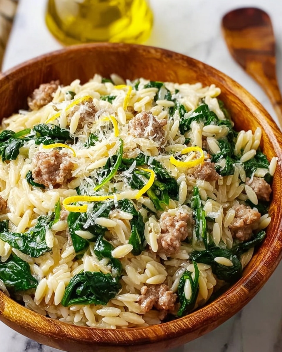 The image shows a wooden bowl filled with a creamy orzo dish layered with small browned ground meat pieces, vibrant green wilted spinach, and pale yellow orzo pasta mixed evenly throughout. On top, thin strands of bright yellow lemon zest and finely grated white cheese are scattered, adding texture and color contrast. The bowl sits on a white marbled surface with a blurred yellow bottle in the background, enhancing the fresh and warm feeling of the dish. photo taken with an iphone --ar 4:5 --v 7