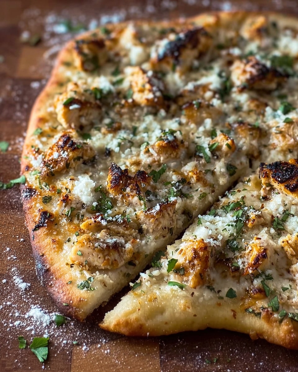 A close-up of a flatbread pizza resting on a white marbled surface, showing one thick, golden-brown crust edged with slightly puffed bubbles. The flatbread is topped with scattered pieces of grilled chicken that have charred, dark brown patches and tender white meat inside. Beneath the chicken, a layer of melted creamy white cheese covers the flatbread with some toasted golden spots. The pizza is sprinkled with fresh green chopped herbs and lightly dusted with fine white grated cheese, adding texture on top. Scattered herb bits also lie around the flatbread on the white marbled surface. photo taken with an iphone --ar 4:5 --v 7