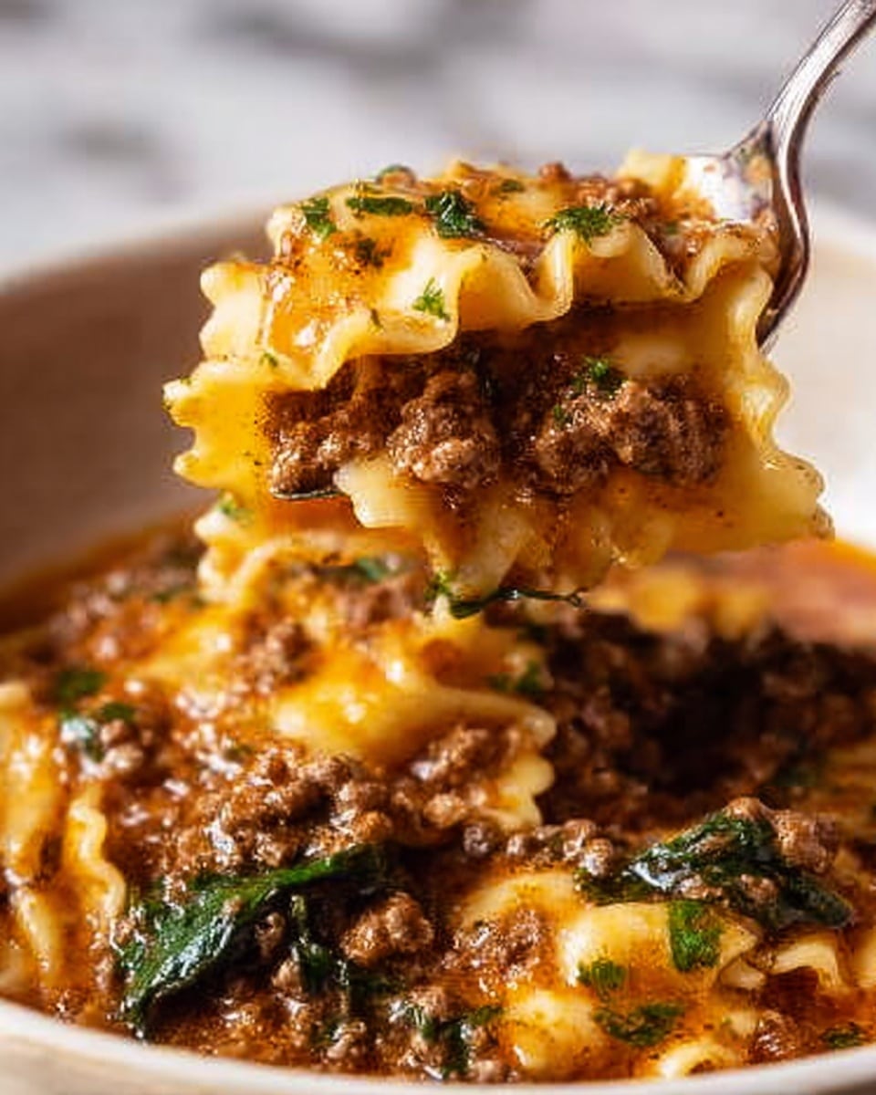 A close-up image shows a spoon lifting a thick, layered lasagna noodle from a white bowl filled with rich meat sauce. The lasagna noodle is wavy with a light golden color, covered partly in the brown simmered ground meat sauce with small green herb bits. The sauce at the bottom looks slightly oily and dense, with visible chunks of cooked meat and some scattered green parsley or basil leaves. The background is a white marbled texture. photo taken with an iphone --ar 4:5 --v 7