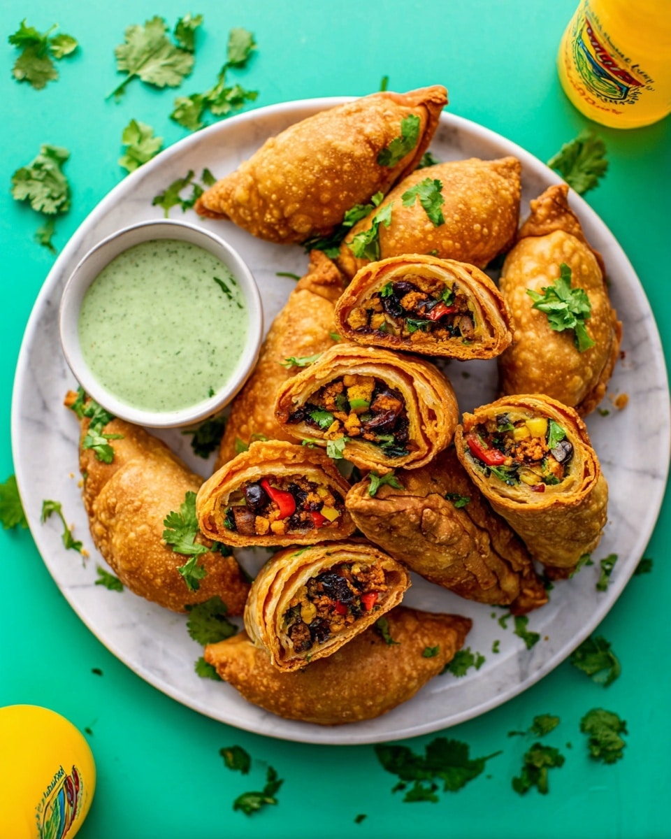 A white round plate filled with several golden-brown samosas, each cut in half to show the colorful filling inside, which includes dark green spinach, orange carrots, and red spices. The samosas are arranged neatly around a small white bowl of light green dipping sauce with fresh cilantro leaves on top. Fresh cilantro leaves are scattered on the samosas and around the plate. The plate is sitting on a white marbled surface, and in the background, there are two small yellow caps and a partially visible drink. Photo taken with an iphone --ar 4:5 --v 7